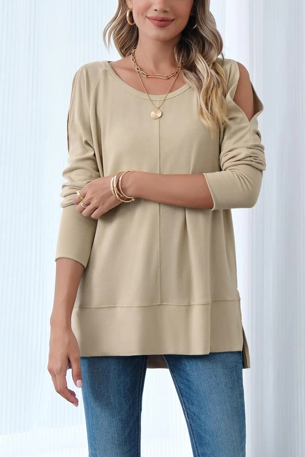 Hongqizo Women's Cold Shoulder Long Sleeve Sweatshirt Casual Crew Neck Side Split Loose Pullover Tops Blouses