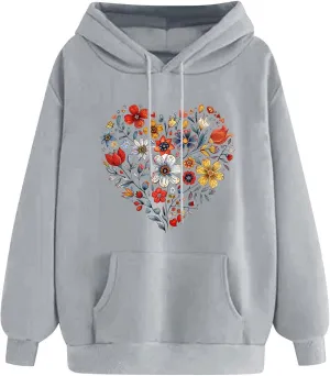 Hoodies for Women Long Sleeve Heart Print Graphic Tee Shirts Causal Fashion Drawstring Hooded Sweatshirts Gift Shirts