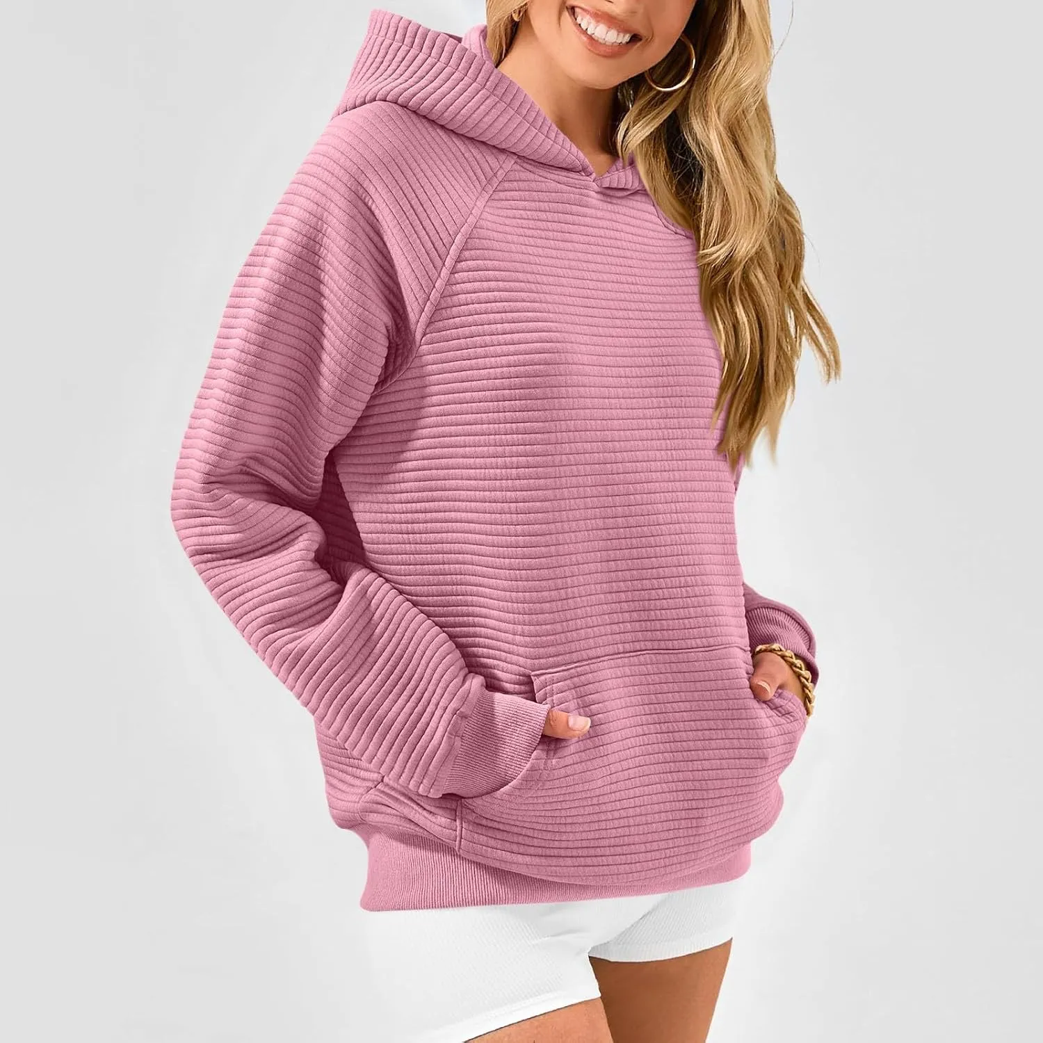 Hoodies for Women Loose Fleece Raglan Long Sleeve Hooded Sweatshirts Casual Comfy Jacquard Pullover with Pockets