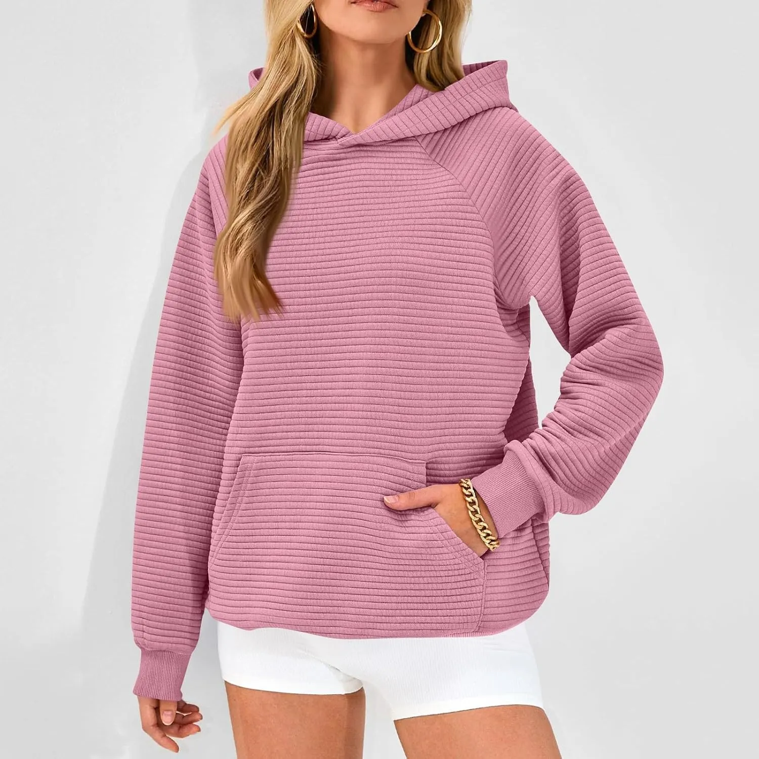 Hoodies for Women Loose Fleece Raglan Long Sleeve Hooded Sweatshirts Casual Comfy Jacquard Pullover with Pockets