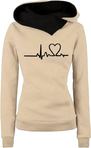 Hoodies for Women Oversized Long Sleeve Electrocardiogram Printed Hooded Sweatshirts Warm Cowl Neck Pullover Tops