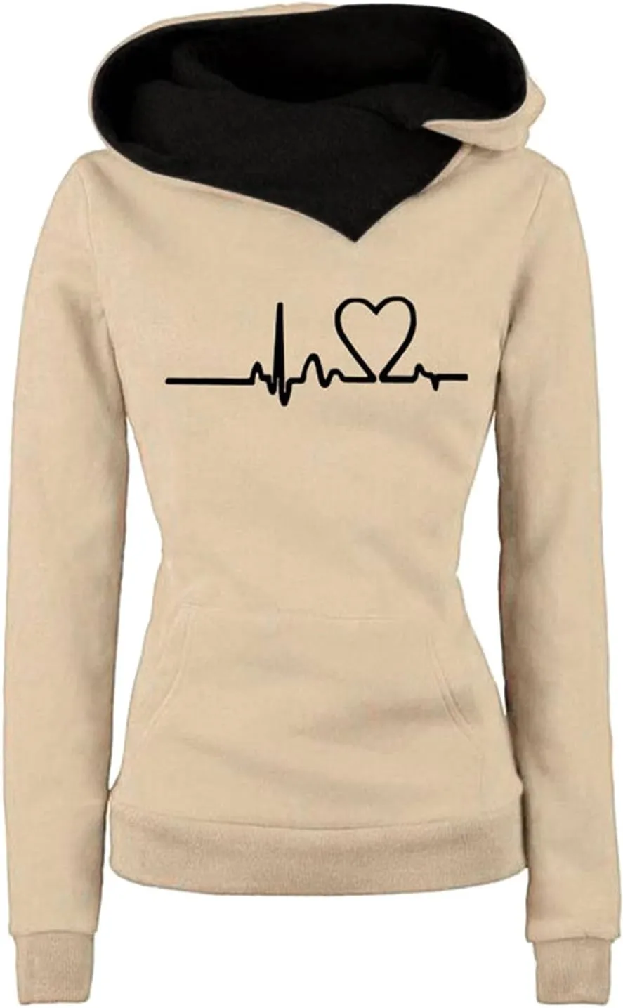 Hoodies for Women Oversized Long Sleeve Electrocardiogram Printed Hooded Sweatshirts Warm Cowl Neck Pullover Tops