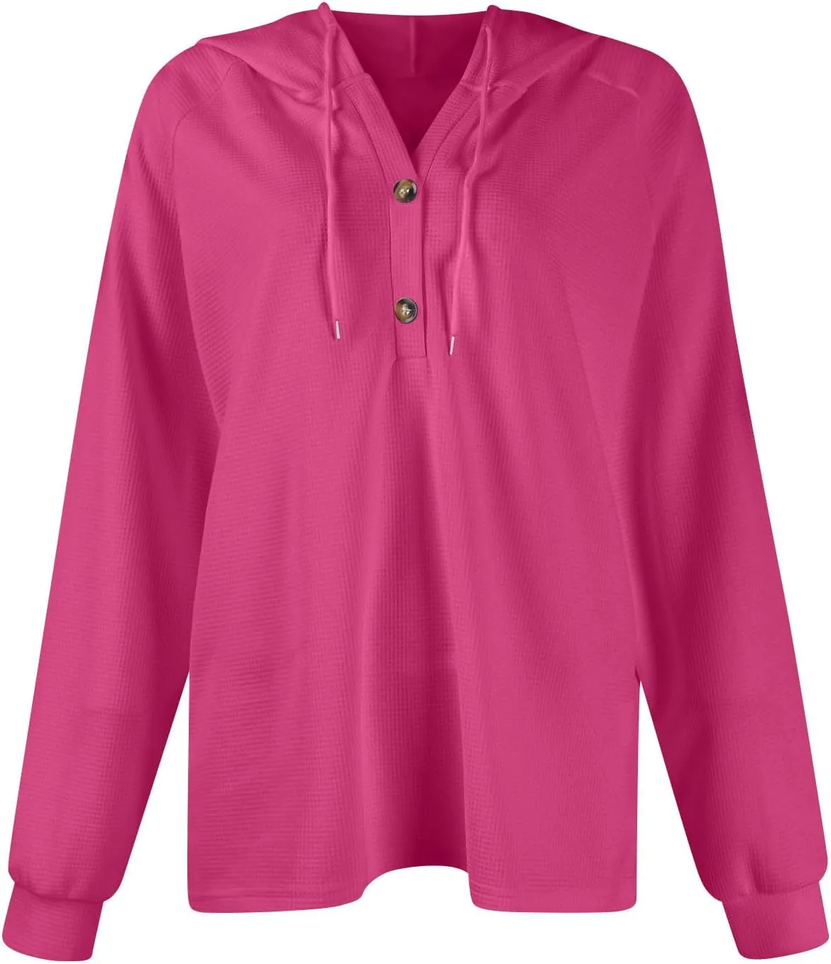 Hoodies for Women Waffle Knit Button V Neck Oversized Sweatshirt Fall Long Sleeve Drawstring Hooded Pullover Sweater