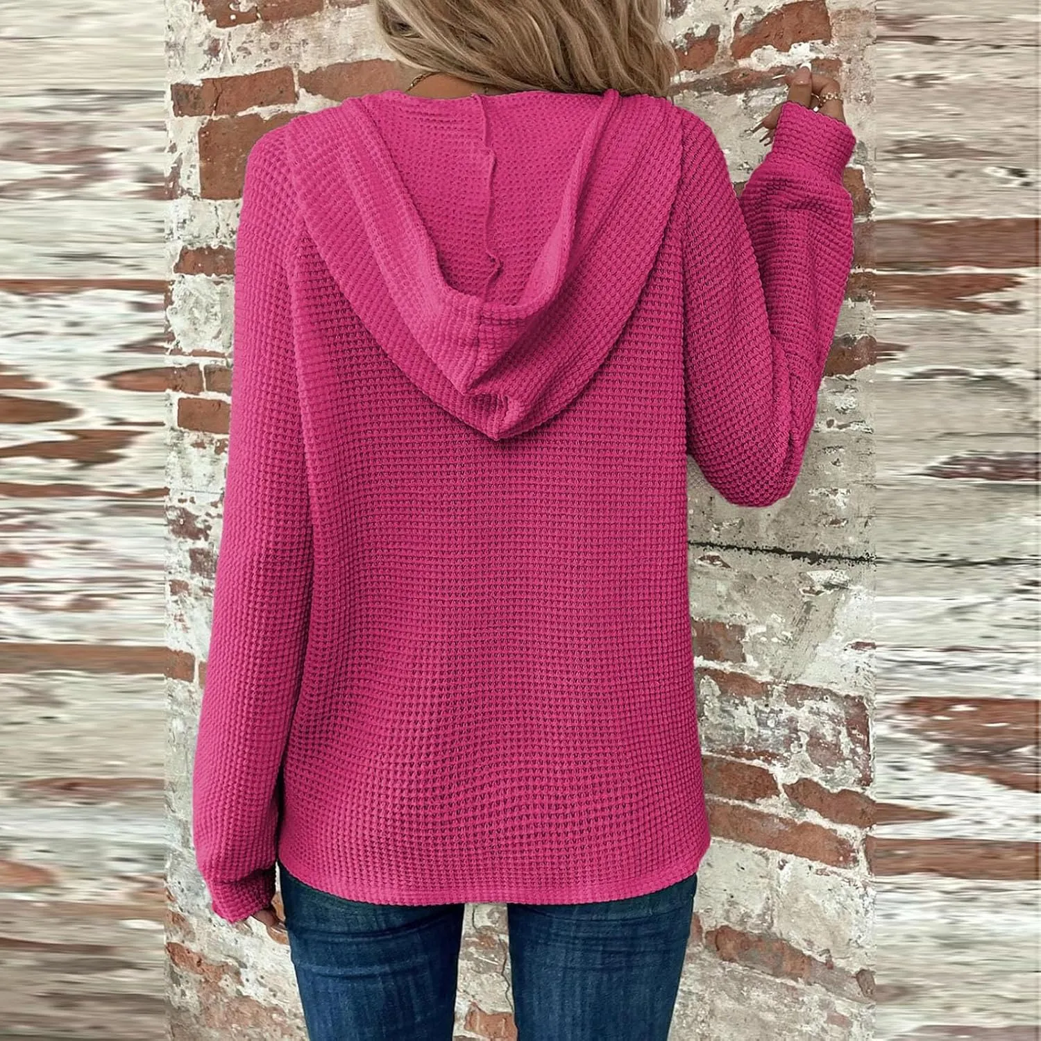 Hoodies for Women Waffle Knit Button V Neck Oversized Sweatshirt Fall Long Sleeve Drawstring Hooded Pullover Sweater