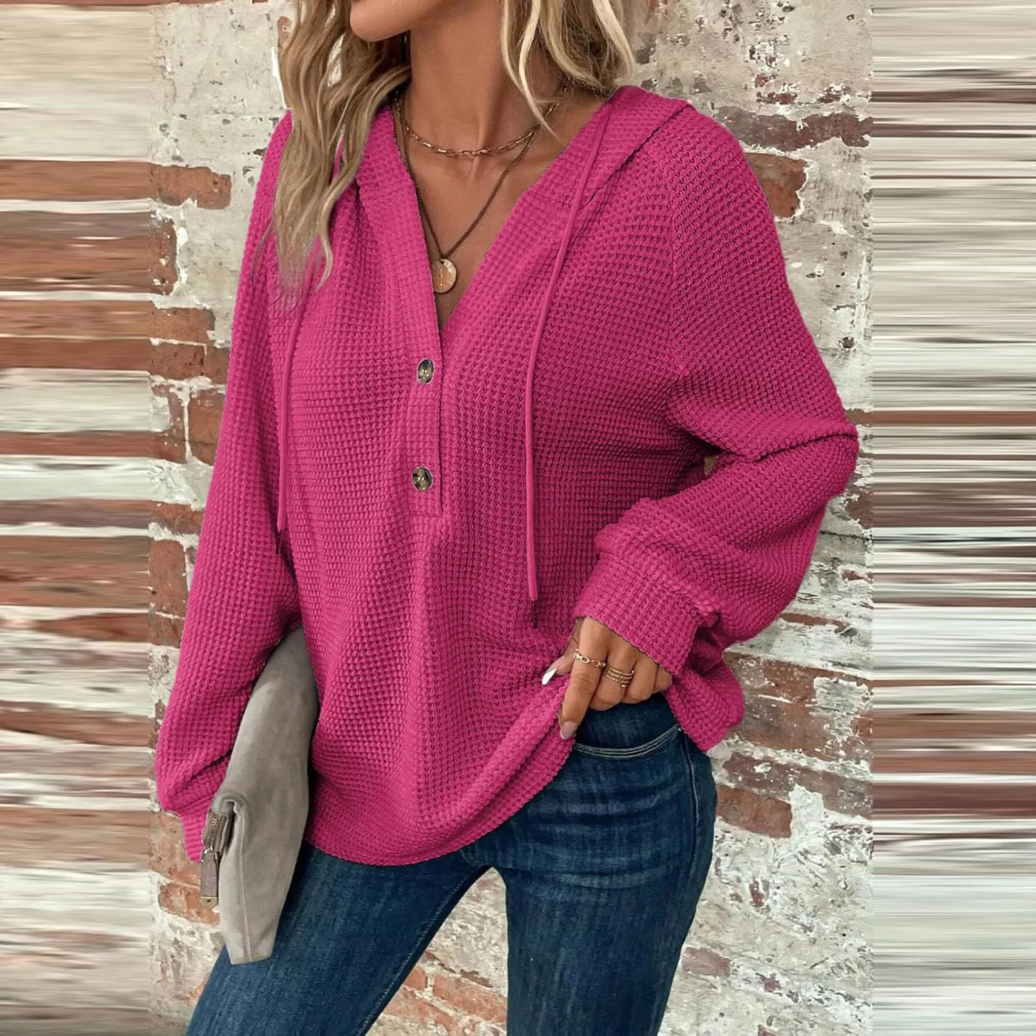 Hoodies for Women Waffle Knit Button V Neck Oversized Sweatshirt Fall Long Sleeve Drawstring Hooded Pullover Sweater