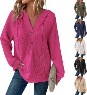 Hoodies for Women Waffle Knit Button V Neck Oversized Sweatshirt Fall Long Sleeve Drawstring Hooded Pullover Sweater