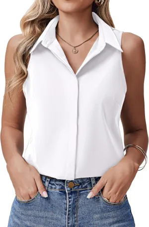 HOTOUCH Women's Sleeveless Button Down Shirts Hidden-Button Front Collared Dressy Casual Blouses Loose Office Tank Tops