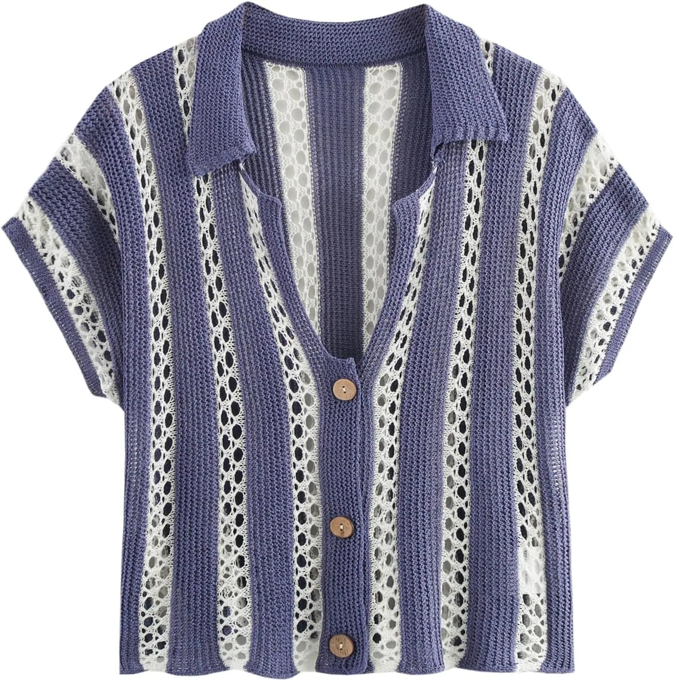 HOULENGS Women's Summer Striped Crochet Cardigan Casual Button Down Short Sleeve Sweater Y2K Hollow Out Knit Crop Tops