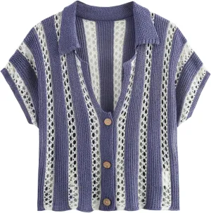 HOULENGS Women's Summer Striped Crochet Cardigan Casual Button Down Short Sleeve Sweater Y2K Hollow Out Knit Crop Tops