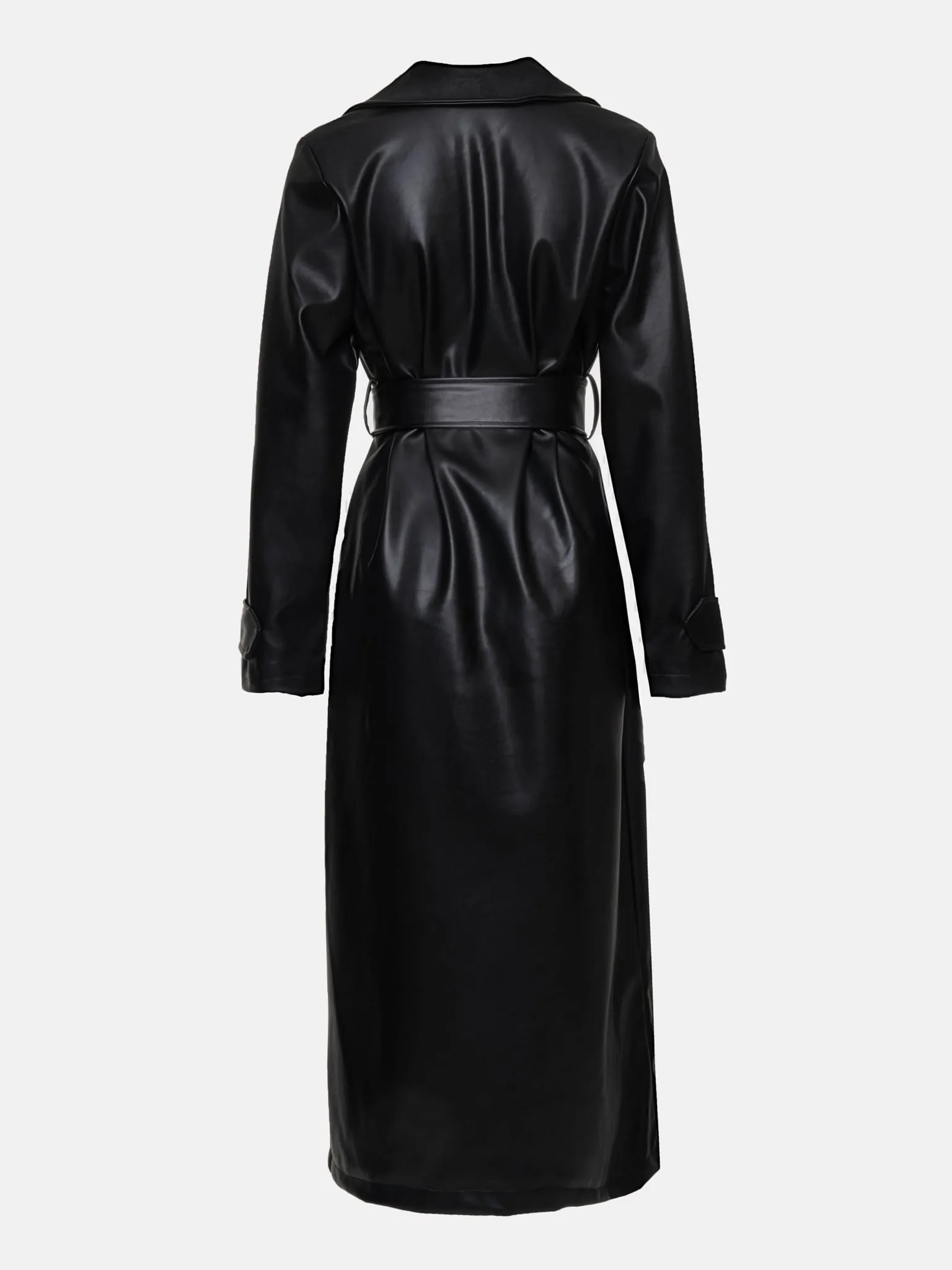 Hutmi Black Leather Long Trench Coat Women Outfit with Belt