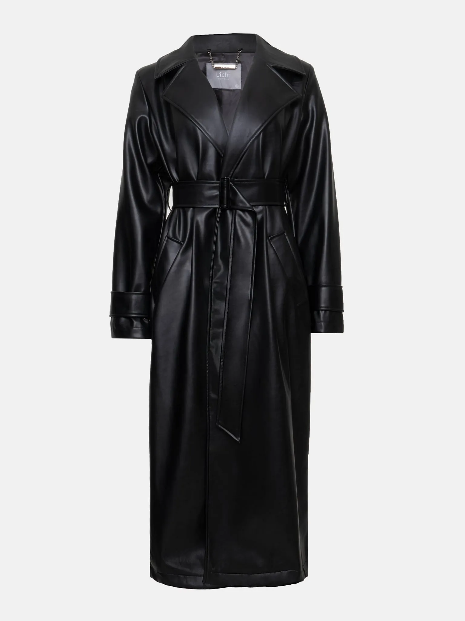 Hutmi Black Leather Long Trench Coat Women Outfit with Belt