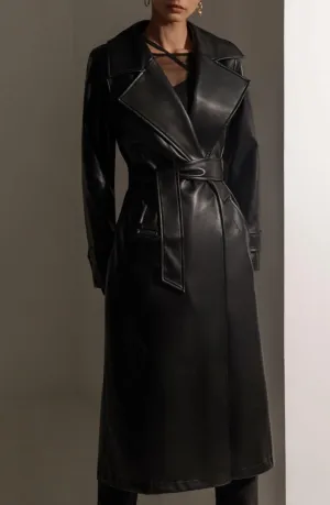 Hutmi Black Leather Long Trench Coat Women Outfit with Belt