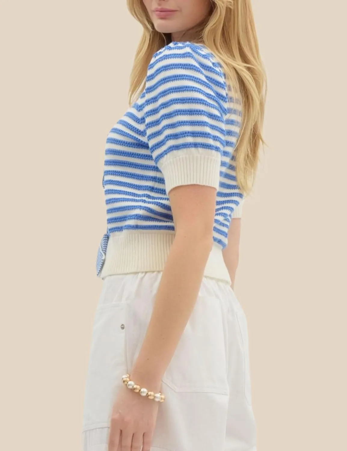 InterNos Womens Bow Front Short Sleeves Sweater Classic Striped V Neck Cropped Knit Pullover Tops