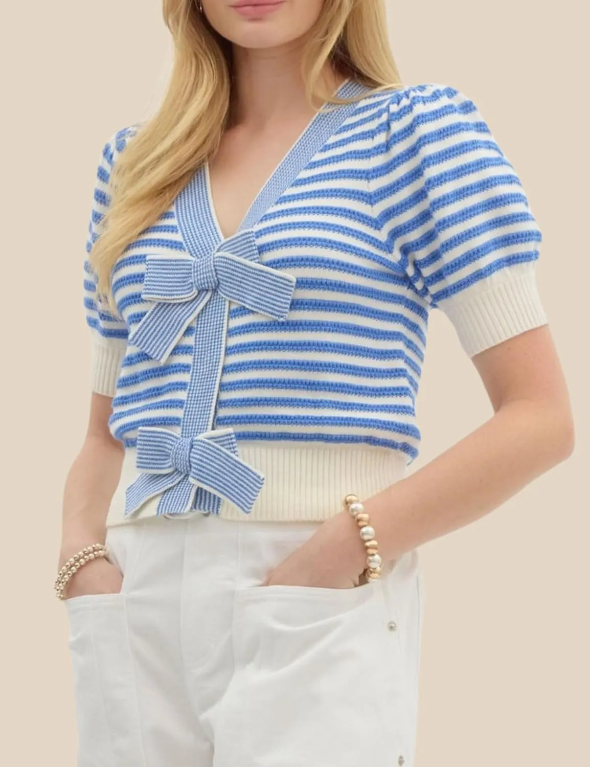 InterNos Womens Bow Front Short Sleeves Sweater Classic Striped V Neck Cropped Knit Pullover Tops
