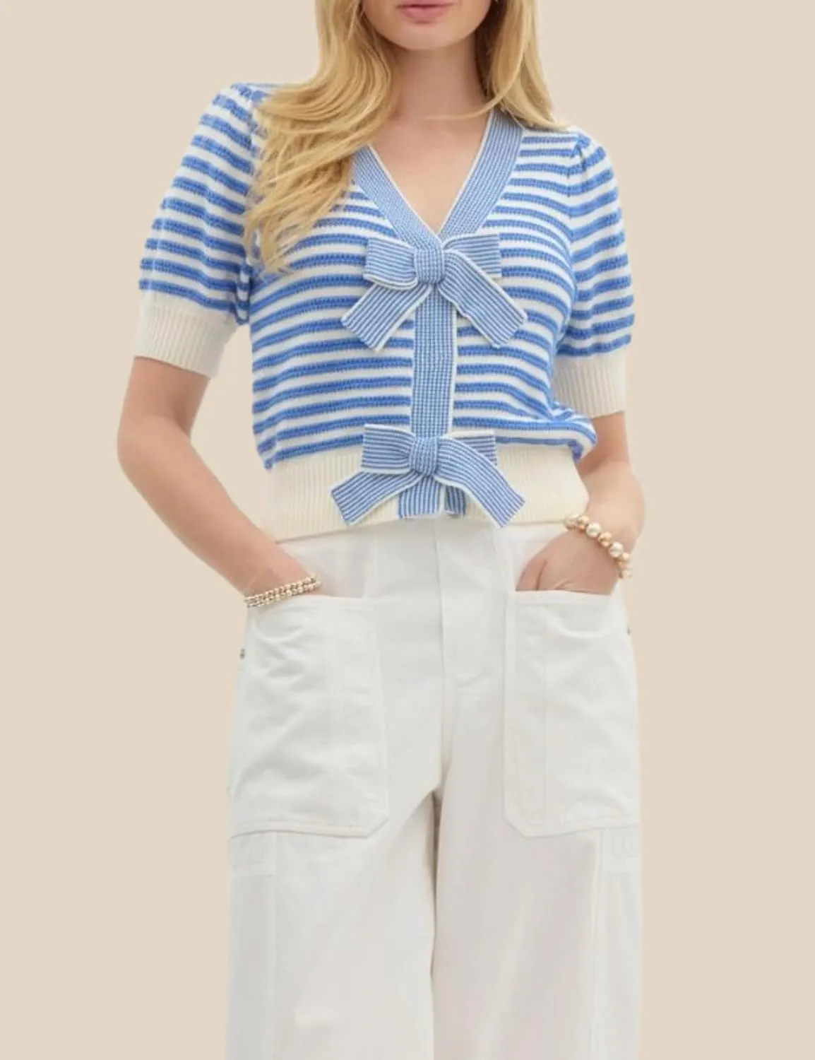 InterNos Womens Bow Front Short Sleeves Sweater Classic Striped V Neck Cropped Knit Pullover Tops