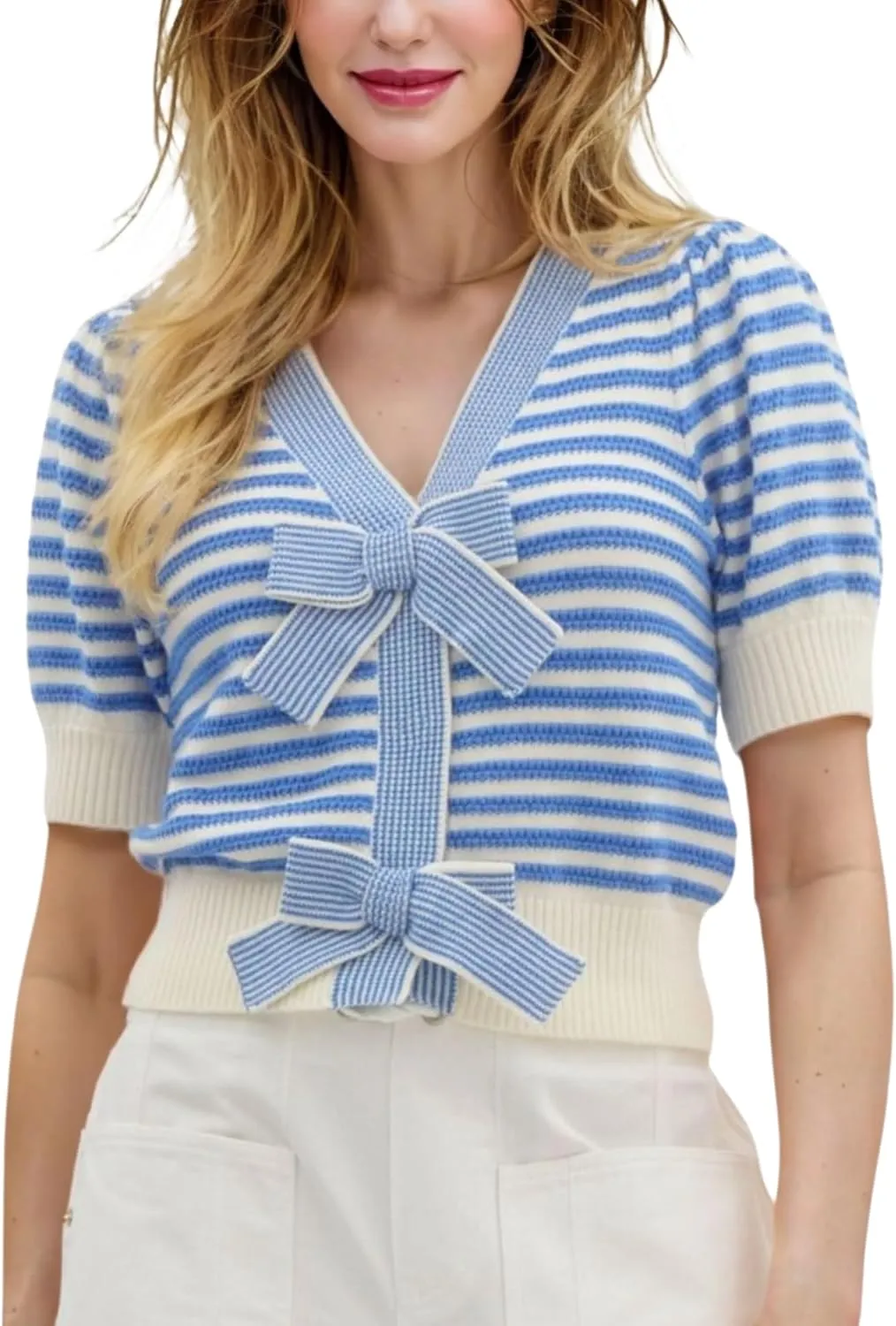 InterNos Womens Bow Front Short Sleeves Sweater Classic Striped V Neck Cropped Knit Pullover Tops