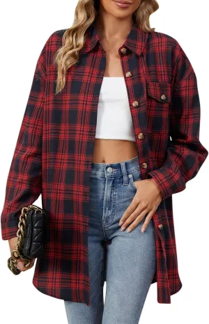 Jackets for Women Plaid Shacket Flannel Shirt Women Fashion Casual Plaid Shackets Button Down Long Sleeve Shirts