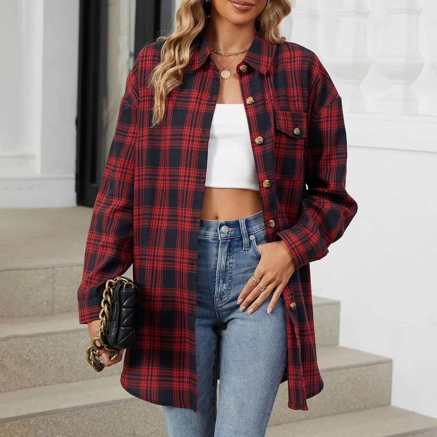 Jackets for Women Plaid Shacket Flannel Shirt Women Fashion Casual Plaid Shackets Button Down Long Sleeve Shirts