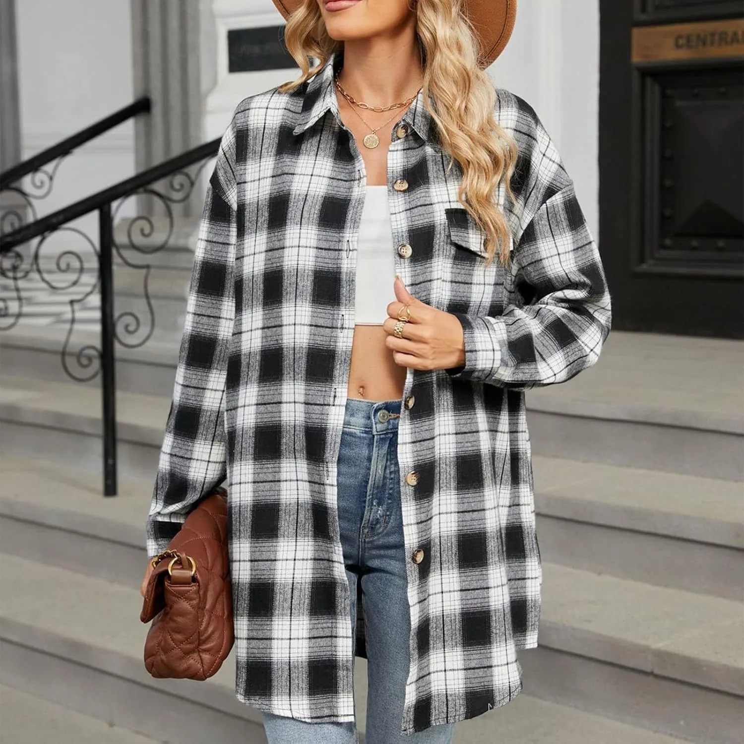 Jackets for Women Plaid Shacket Flannel Shirt Women Fashion Casual Plaid Shackets Button Down Long Sleeve Shirts