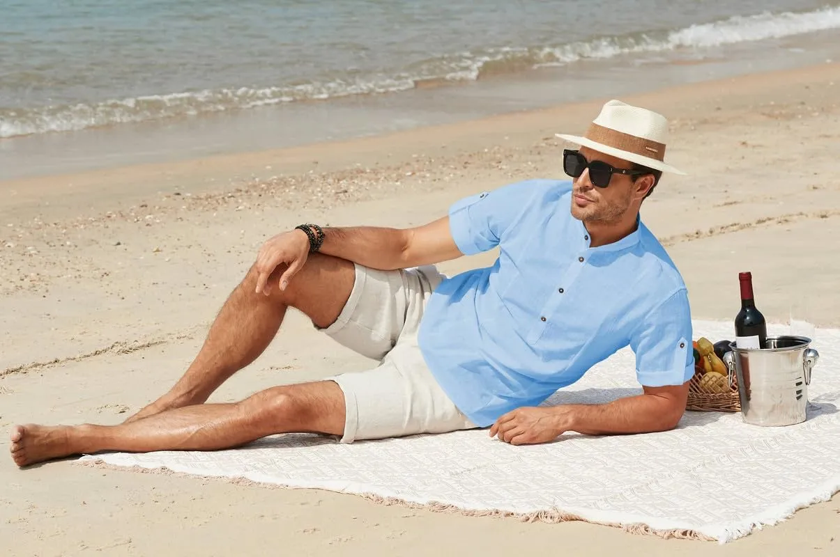 JMIERR Mens Cotton Linen Henley Shirt Casual Button Down Short Sleeve Tropical Shirts Summer Beach T Shirts