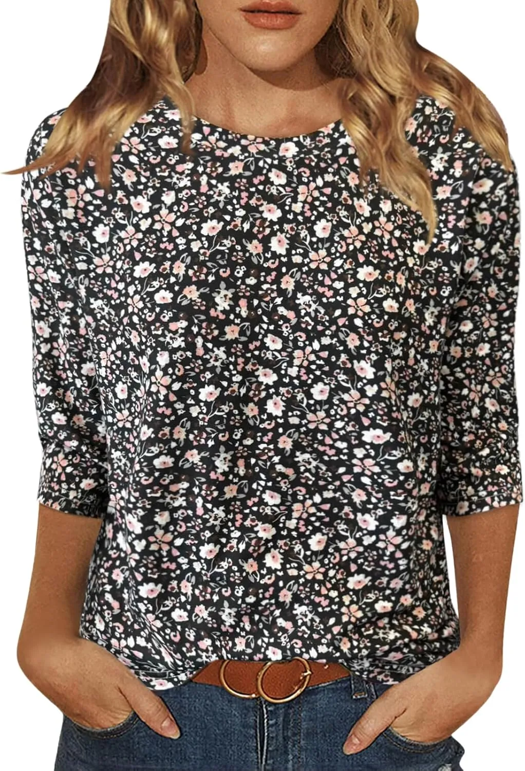 JomeDesign Womens Tops 3/4 Sleeve Shirts Round Neck Loose Casual Blouses Floral Print Tshirts