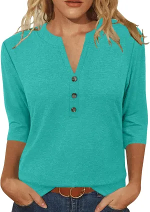 JomeDesign Womens Tops 3/4 Sleeve V Neck Shirts Dressy Casual Tunic Blouses Summer Tees