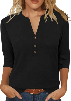 JomeDesign Womens Tops 3/4 Sleeve V Neck Shirts Dressy Casual Tunic Blouses Summer Tees