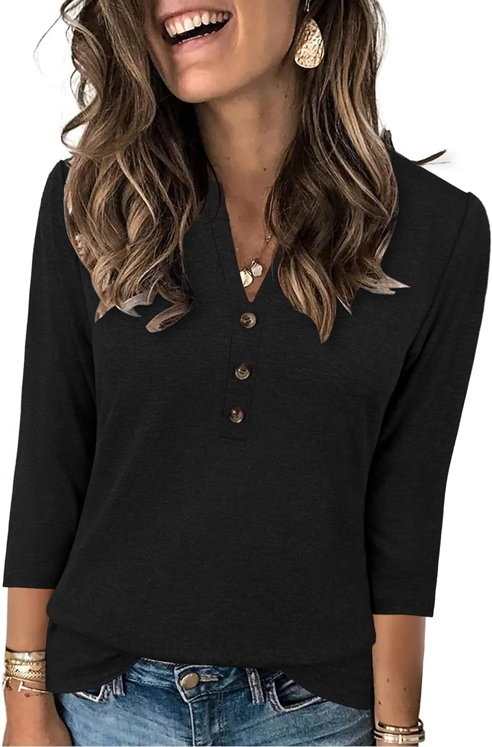 JomeDesign Womens Tops 3/4 Sleeve V Neck Shirts Dressy Casual Tunic Blouses Summer Tees