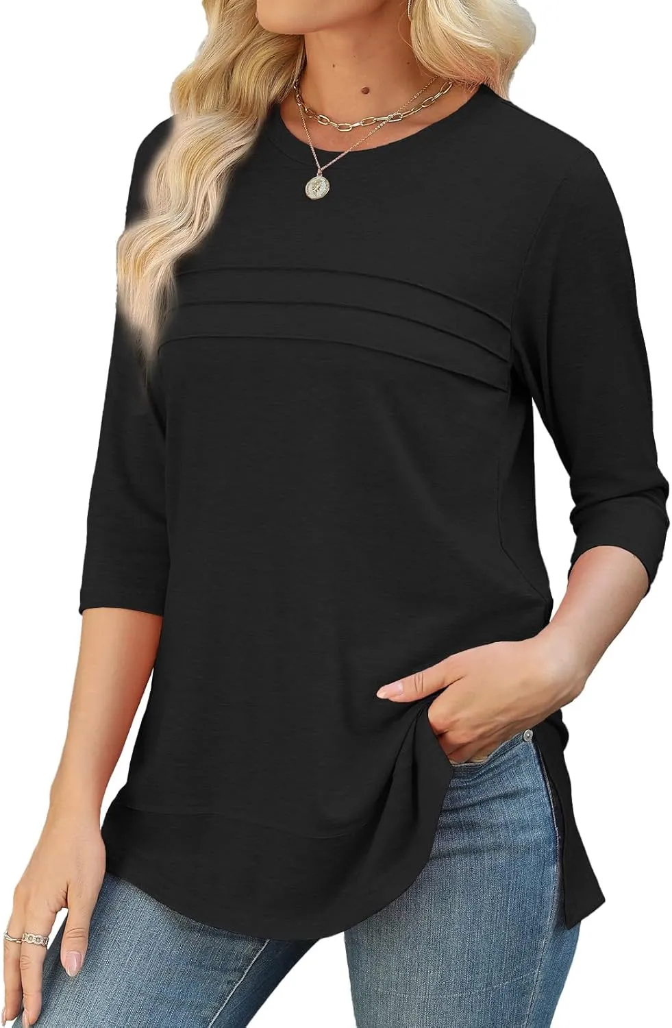 JomeDesign Womens Tunic Tops 3/4 Sleeve Shirts Loose Casual Blouses Side Split Summer Tees