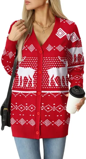 Jouica Women's Cute Cardigan Ugly Christmas Sweaters for Women 2024 Long Sleeve Funny Christmas Sweater
