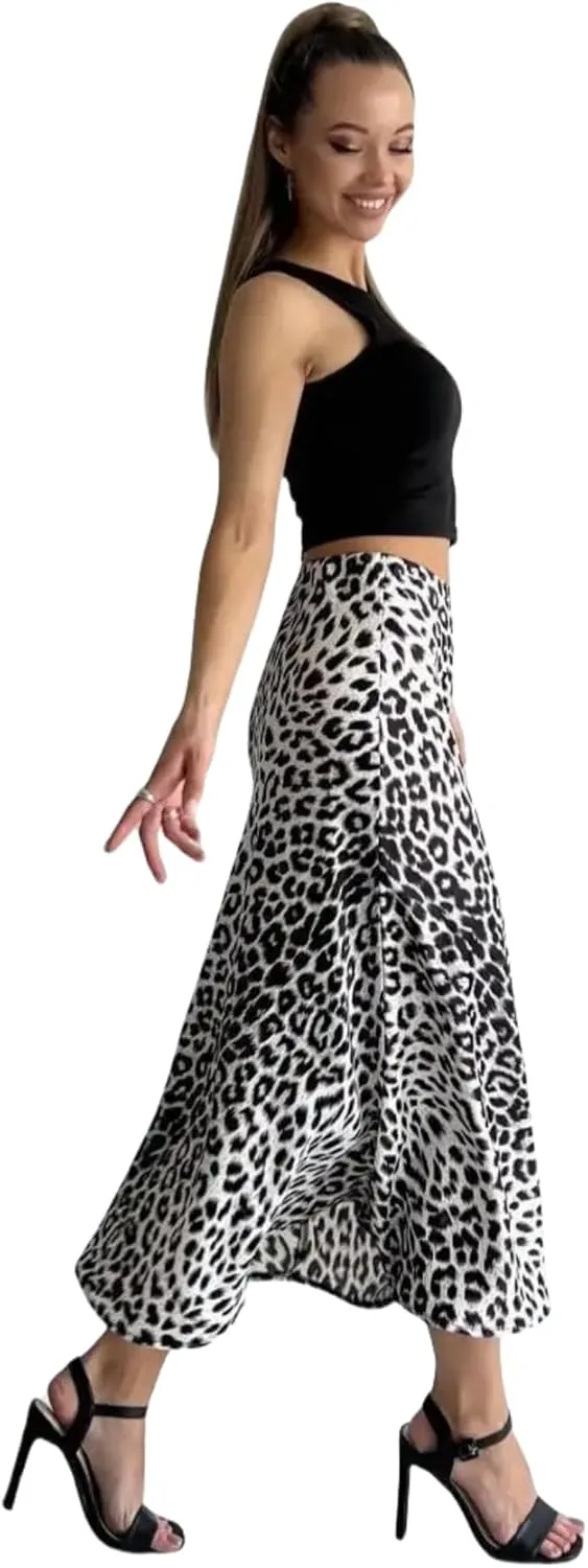 JUMISEE Women's Satin Silky Leopard Print Maxi Skirt Elegant A Line Elastic High Waist Long Skirt Flowy Bodycon Skirt