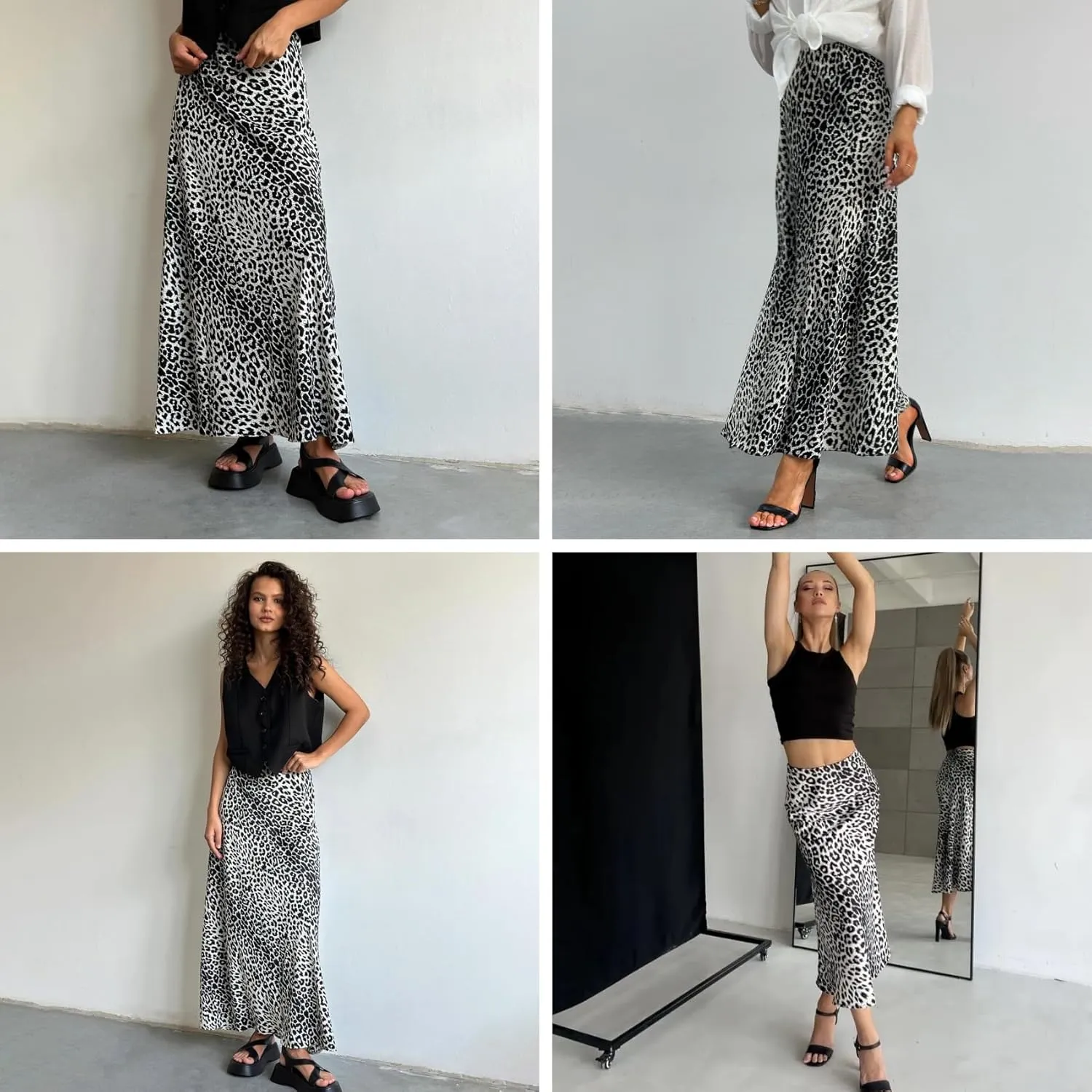 JUMISEE Women's Satin Silky Leopard Print Maxi Skirt Elegant A Line Elastic High Waist Long Skirt Flowy Bodycon Skirt