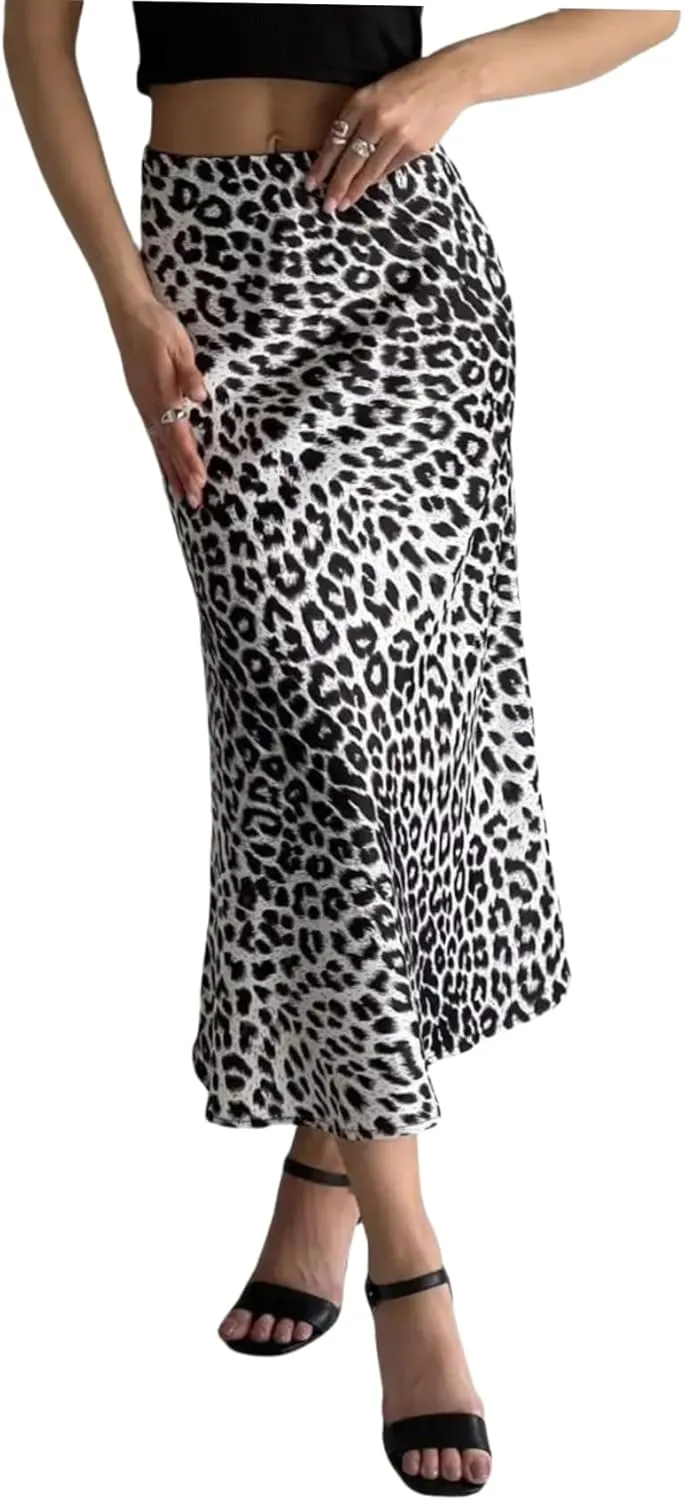 JUMISEE Women's Satin Silky Leopard Print Maxi Skirt Elegant A Line Elastic High Waist Long Skirt Flowy Bodycon Skirt