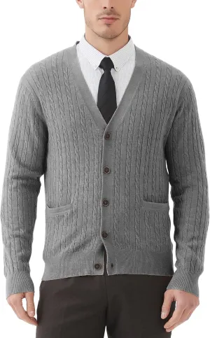 Kallspin Men's Cardigan Sweater Wool Blend Cable Knit V Neck Buttons Cardigan with Pockets