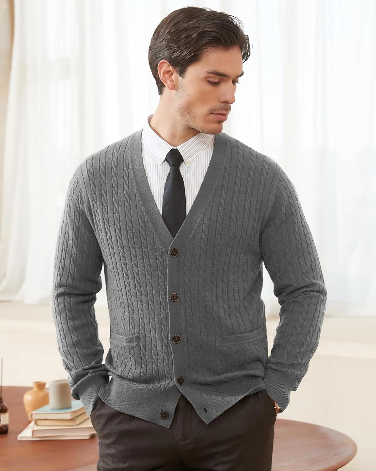 Kallspin Men's Cardigan Sweater Wool Blend Cable Knit V Neck Buttons Cardigan with Pockets