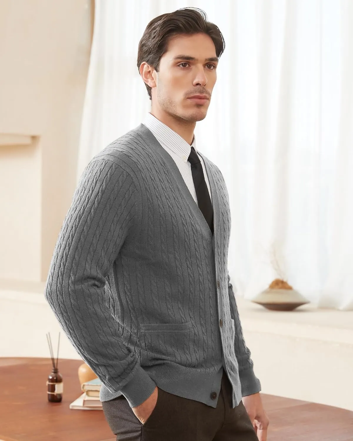 Kallspin Men's Cardigan Sweater Wool Blend Cable Knit V Neck Buttons Cardigan with Pockets