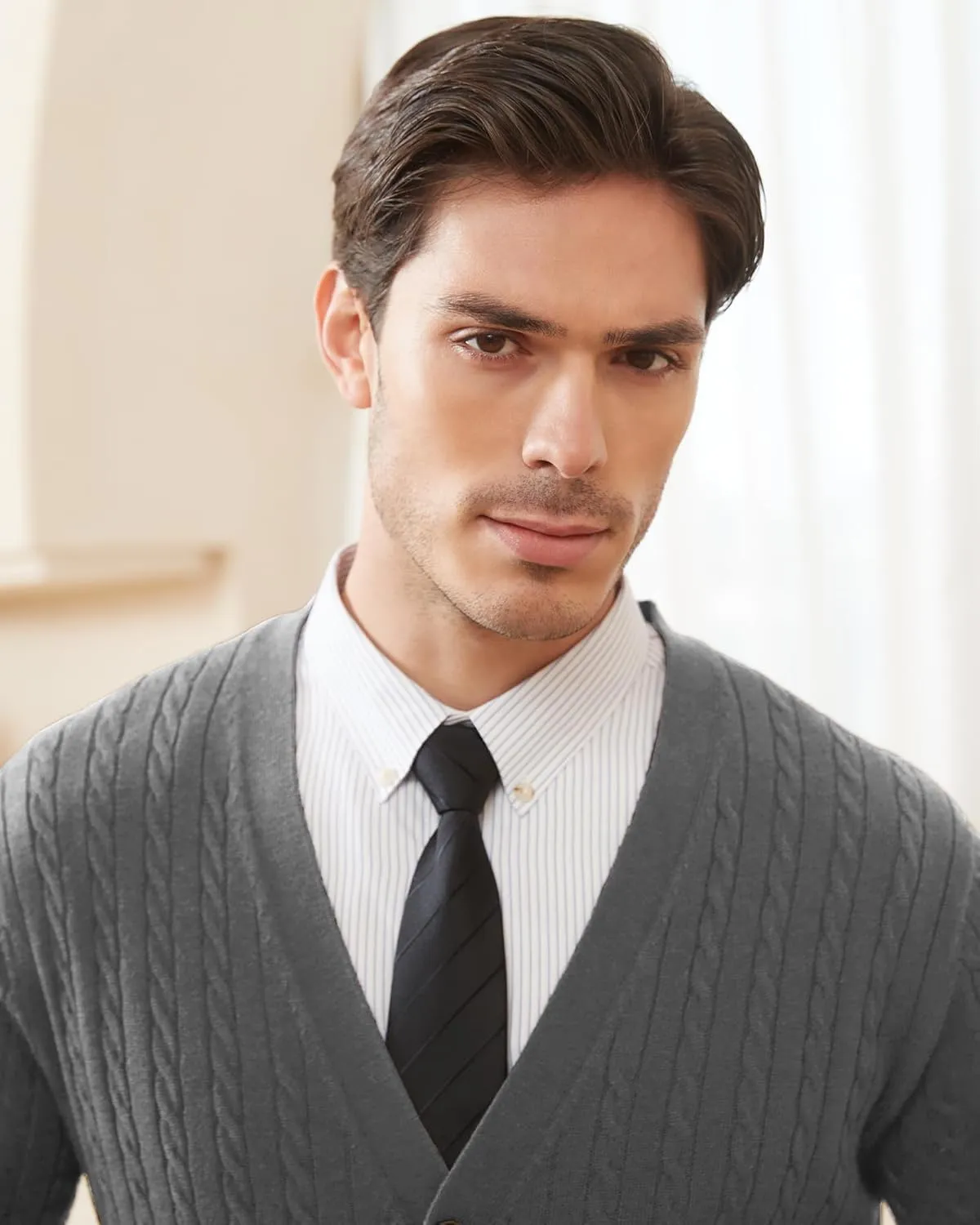 Kallspin Men's Cardigan Sweater Wool Blend Cable Knit V Neck Buttons Cardigan with Pockets