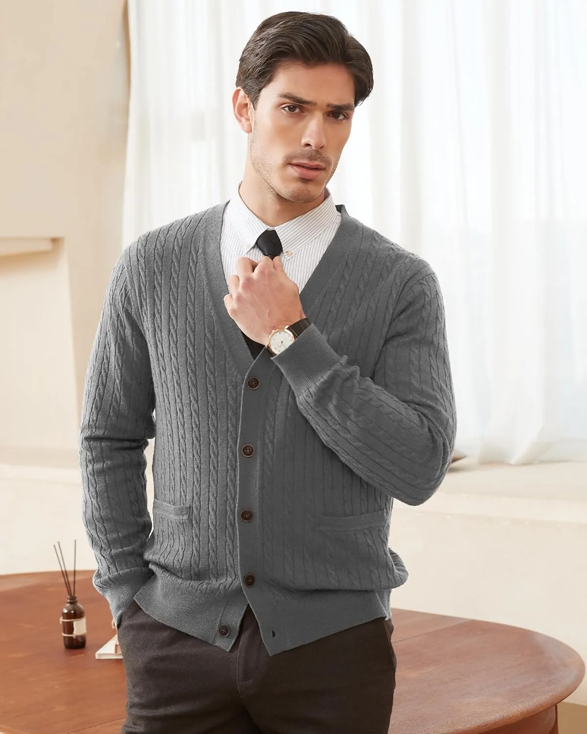 Kallspin Men's Cardigan Sweater Wool Blend Cable Knit V Neck Buttons Cardigan with Pockets