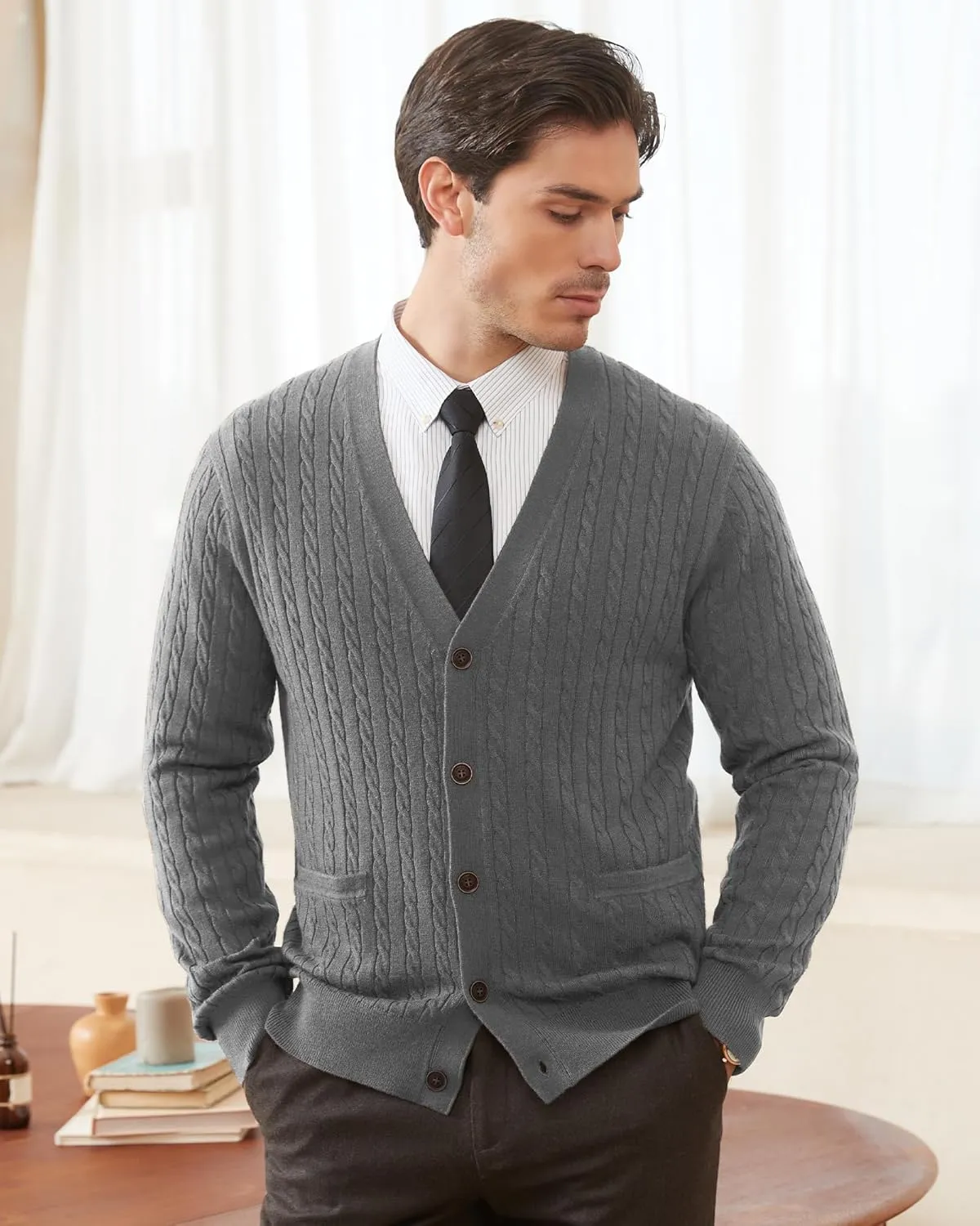 Kallspin Men's Cardigan Sweater Wool Blend Cable Knit V Neck Buttons Cardigan with Pockets
