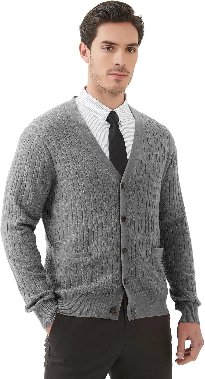 Kallspin Men's Cardigan Sweater Wool Blend Cable Knit V Neck Buttons Cardigan with Pockets