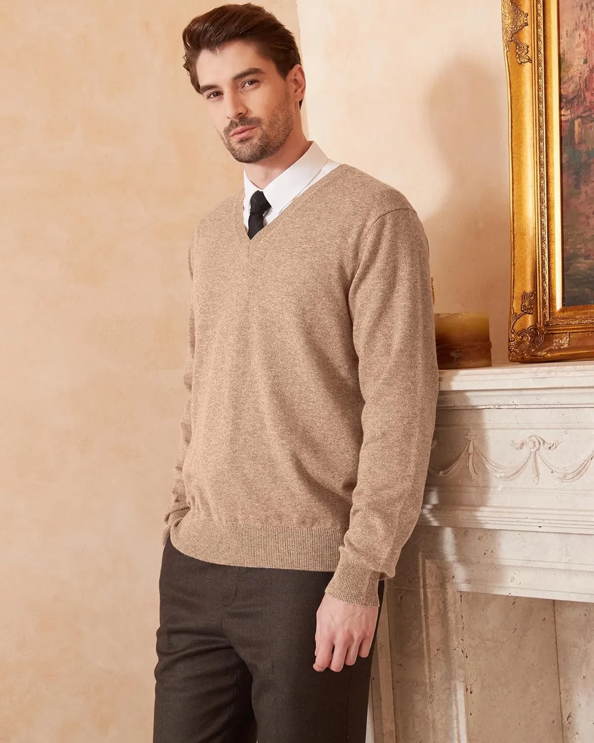 Kallspin Men's Wool Blend V-Neck Sweater Relax Fit Knit Pullover for Fall Winter