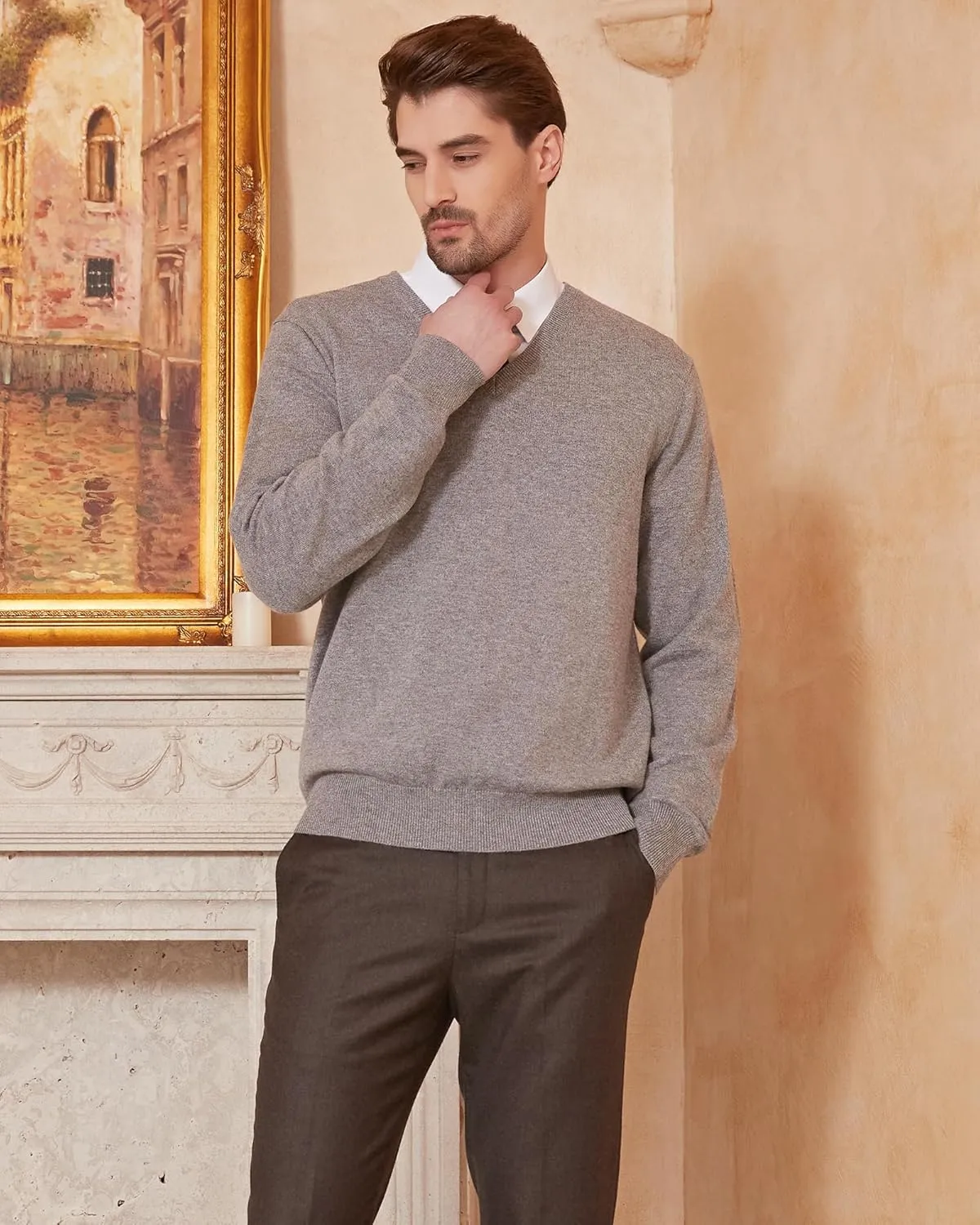 Kallspin Men's Wool Blend V-Neck Sweater Relax Fit Knit Pullover for Fall Winter