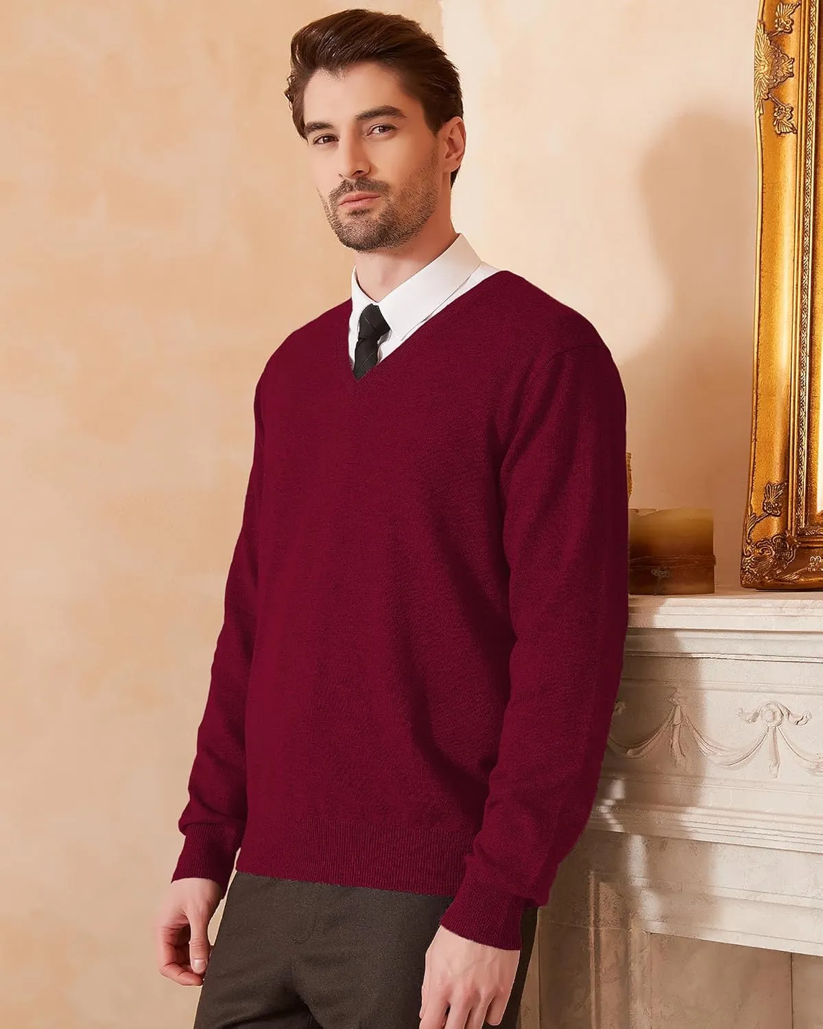 Kallspin Men's Wool Blend V-Neck Sweater Relax Fit Knit Pullover for Fall Winter