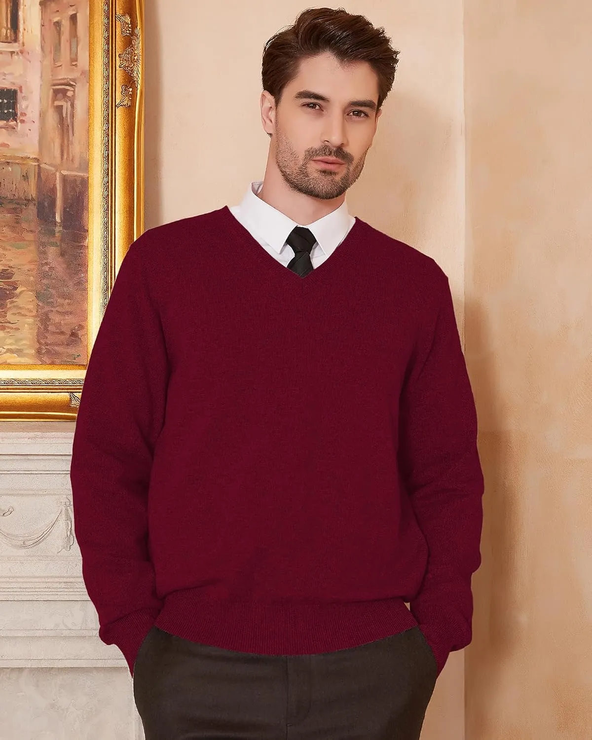 Kallspin Men's Wool Blend V-Neck Sweater Relax Fit Knit Pullover for Fall Winter