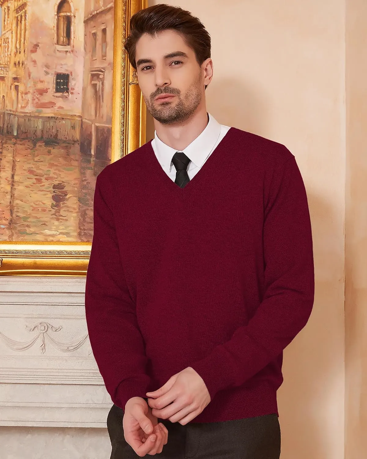 Kallspin Men's Wool Blend V-Neck Sweater Relax Fit Knit Pullover for Fall Winter