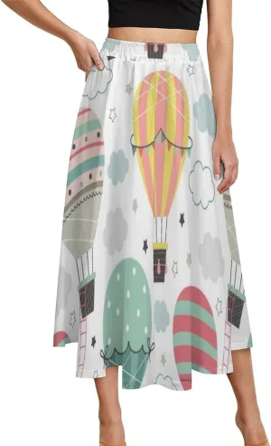 Kawaii Fire Balloon Printed Midi Skirt High Elastic Waist Ruffle Flowy Office Skirts