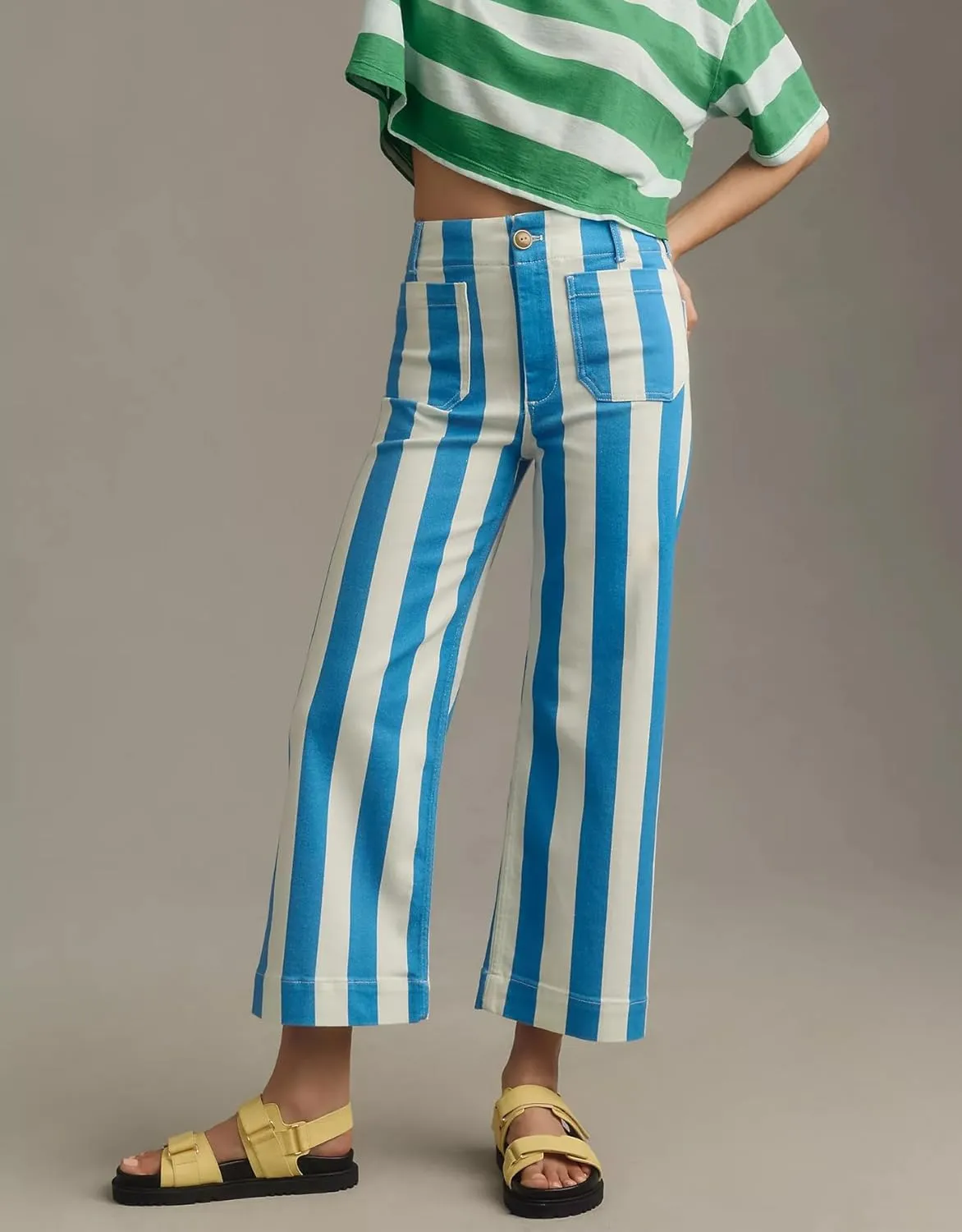 Kedera Women Striped Pants Wide Leg Trousers Casual High Waisted Pants Summer Flare Jeans with Patched Pockets