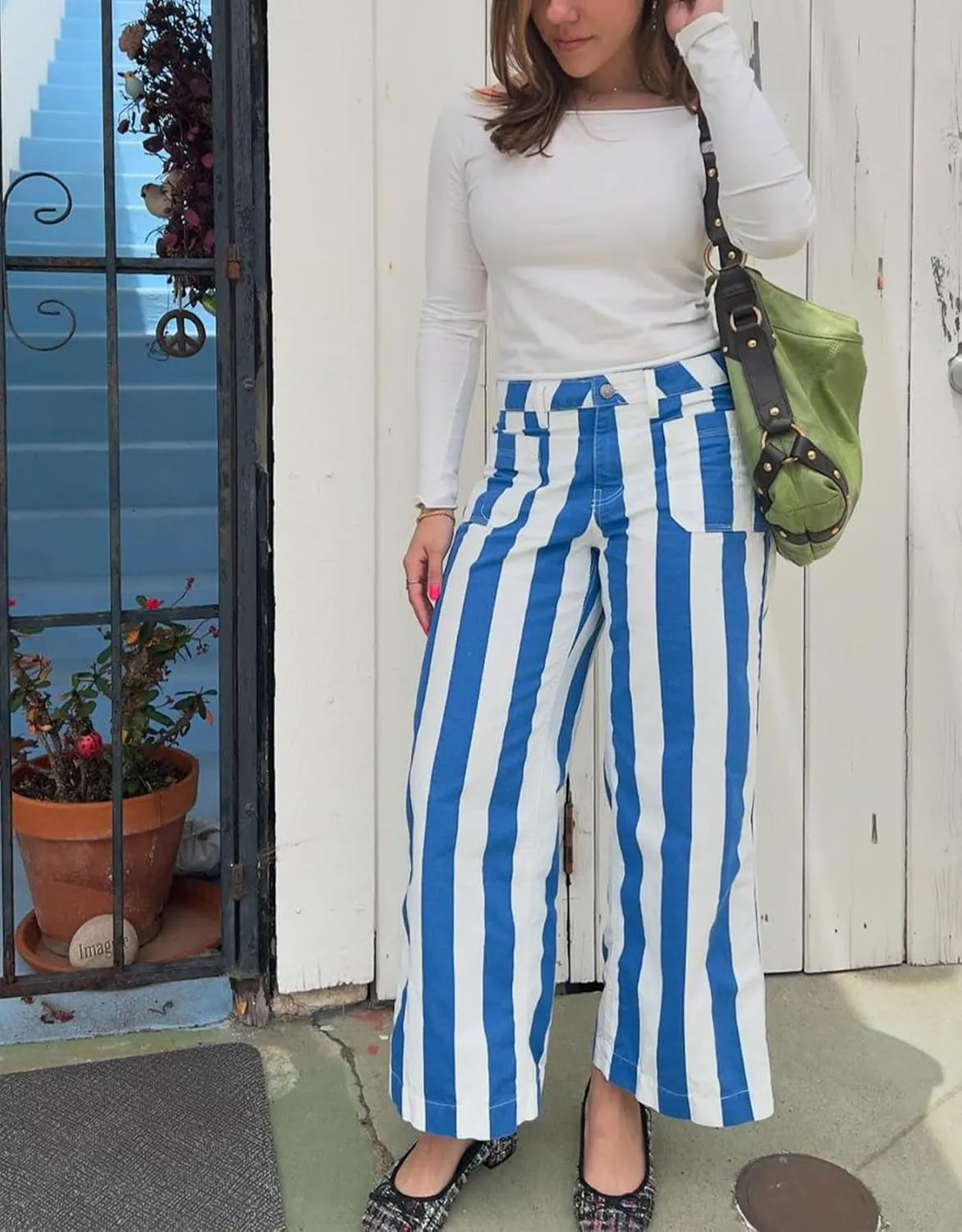 Kedera Women Striped Pants Wide Leg Trousers Casual High Waisted Pants Summer Flare Jeans with Patched Pockets
