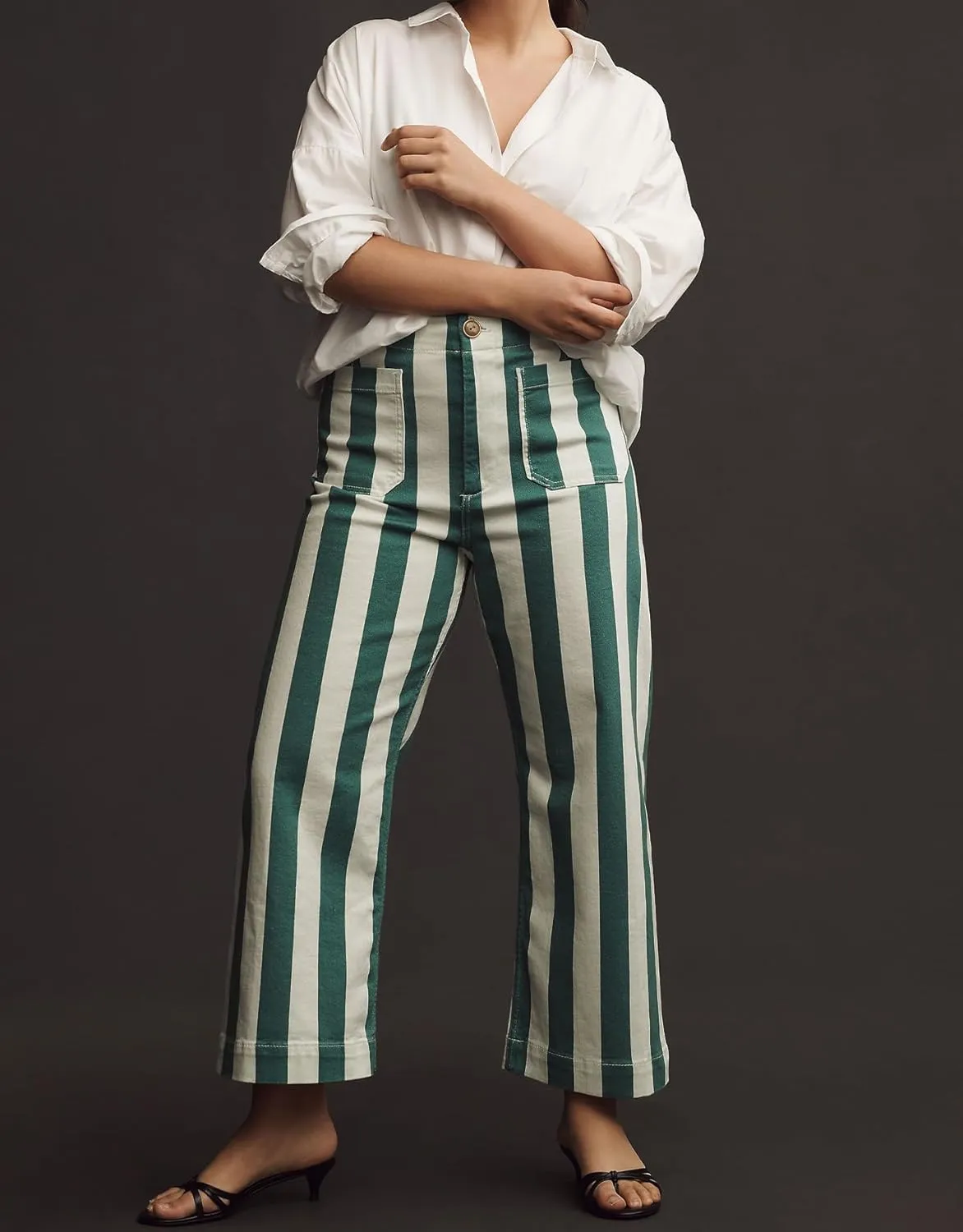 Kedera Women Striped Pants Wide Leg Trousers Casual High Waisted Pants Summer Flare Jeans with Patched Pockets