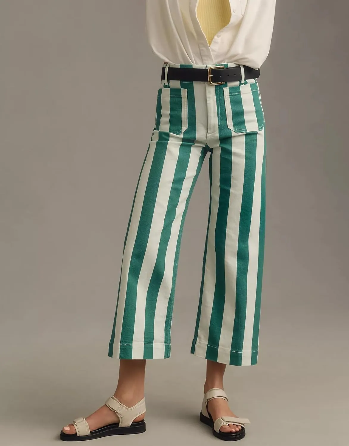 Kedera Women Striped Pants Wide Leg Trousers Casual High Waisted Pants Summer Flare Jeans with Patched Pockets